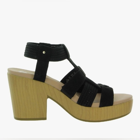 Dr. Scholl’s Black Suede Ankle Strap Light Wood Platform Sandals Size 7 - Picture 1 of 6
